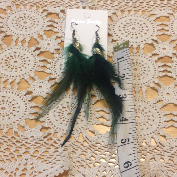 Green and Gold Feather Earrings - Picture 2 of 3